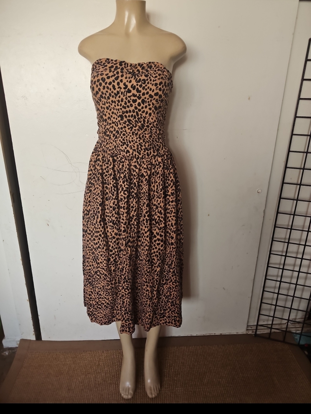 Universal Strapless Leopard-Print Midi Dress in Tan and Black